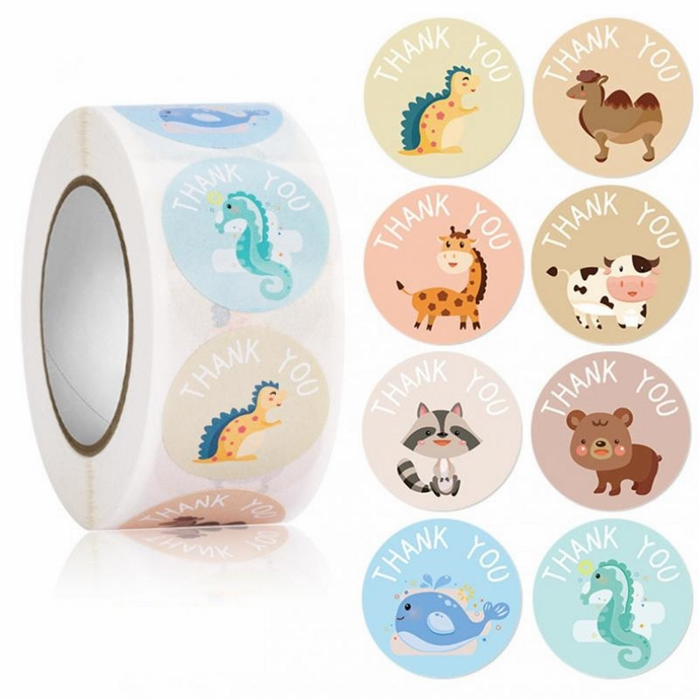 Paper Stickers 1 Inch / 2.5 CM (1 Roll, 500 Stickers) Thank You With Animal Theme Round Multicolor Gift Packing Tags [jefs-dispcrdtool-00007-m23]
