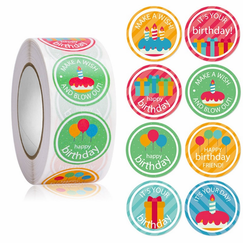 Paper Stickers 1 Inch / 2.5 CM (1 Roll, 500 Stickers) Birthday And Wishes Theme Round Multicolor Gift Packing Tags [jefs-dispcrdtool-00007-m26]