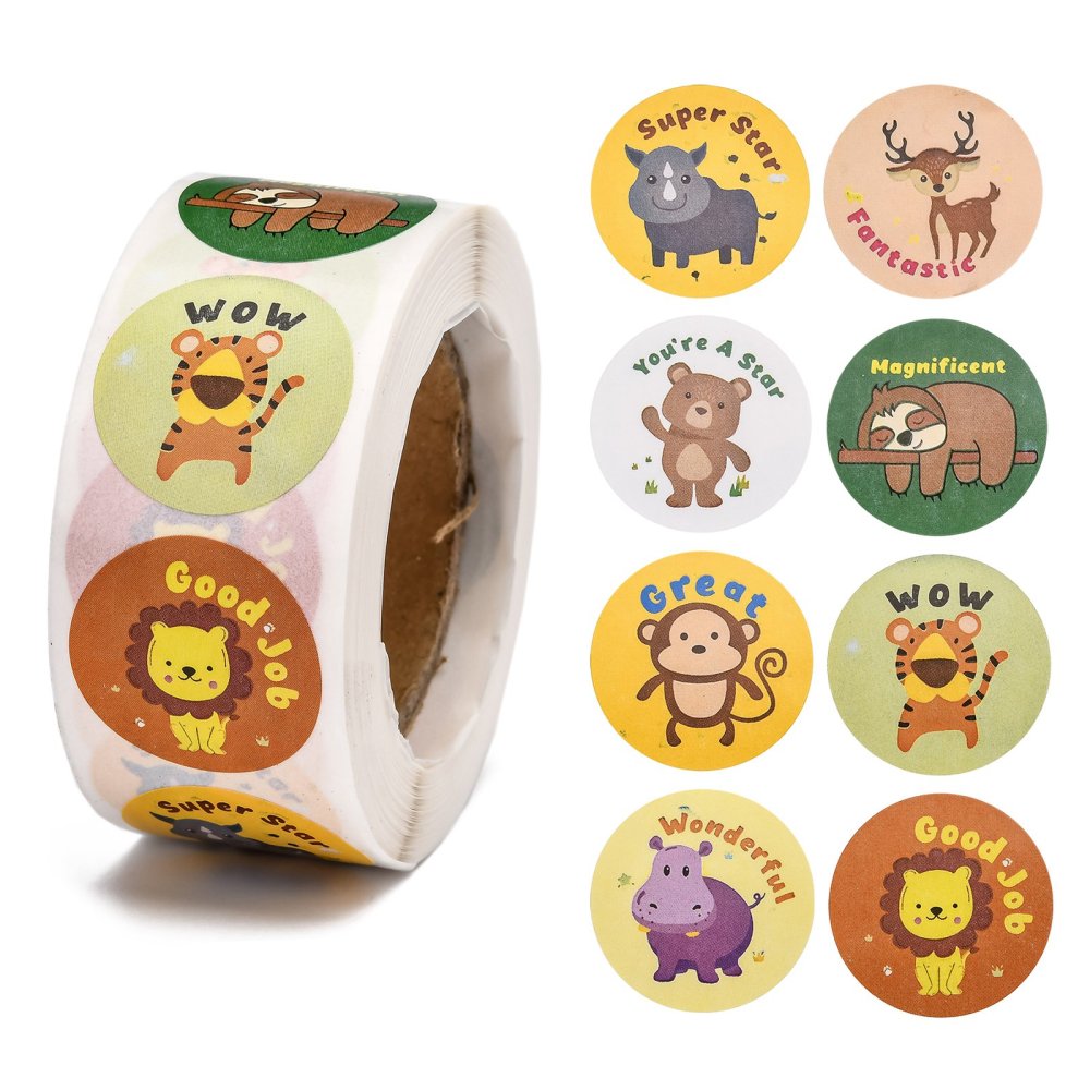 Paper Stickers 1 Inch / 2.5 CM (1 Roll, 500 Stickers) Animal Cartoon With Expressions Round Multicolor Gift Packing Tags [jefs-dispcrdtool-00007-m9]