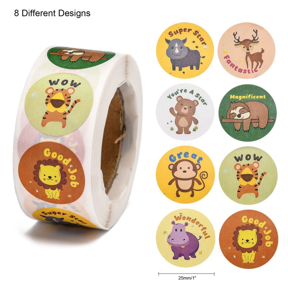 Paper Stickers 1 Inch / 2.5 CM (1 Roll, 500 Stickers) Animal Cartoon With Expressions Round Multicolor Gift Packing Tags [jefs-dispcrdtool-00007-m9]