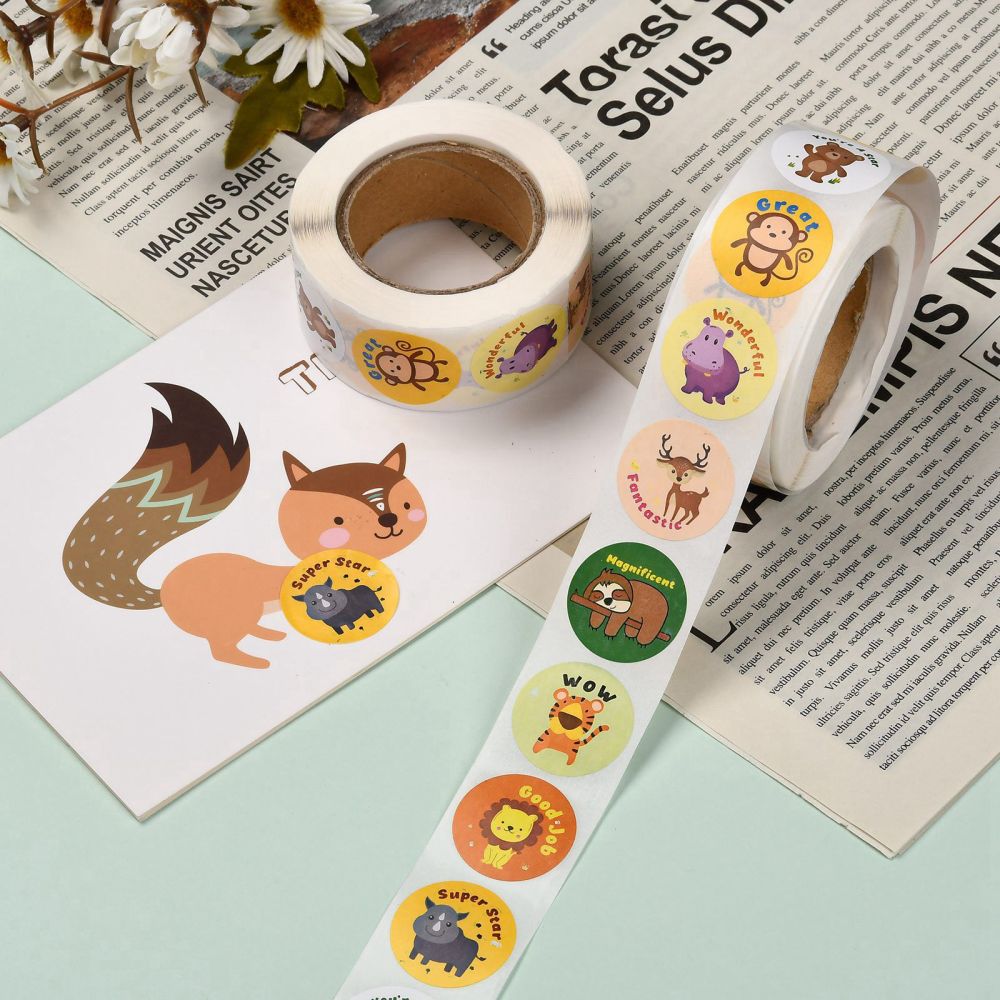 Paper Stickers 1 Inch / 2.5 CM (1 Roll, 500 Stickers) Animal Cartoon With Expressions Round Multicolor Gift Packing Tags [jefs-dispcrdtool-00007-m9]