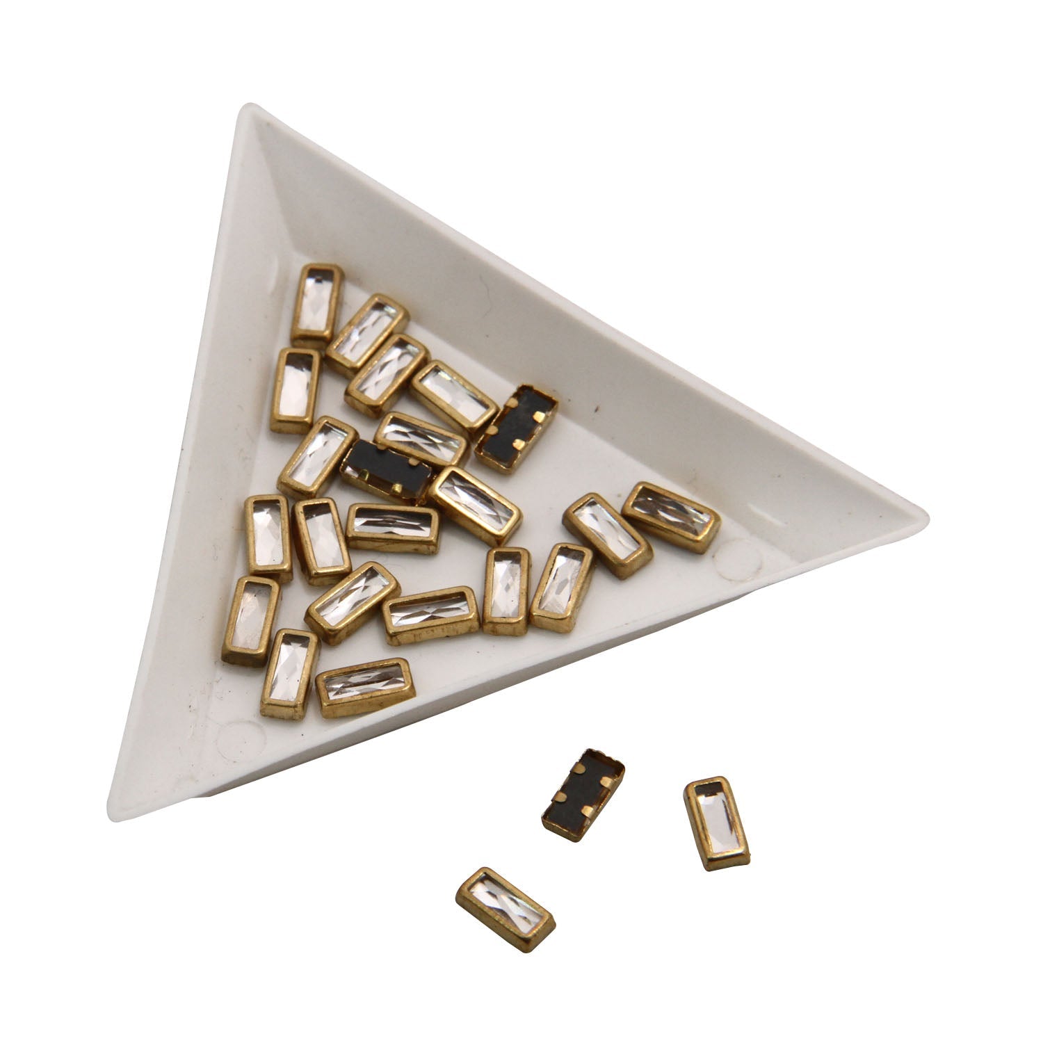Glue On Kundan Stones Flat Back Metal Glass Rectangle 7.5x3.75 MM (70 Pieces) Transparent For Jewellery Making Garment Embellishments [10 GMs] [jefs-embelshcabo-00120-m11]