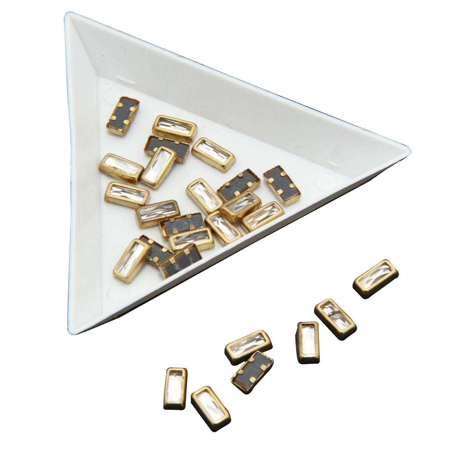 Glue On Kundan Stones Flat Back Metal Glass Rectangle 7.5x3.75 MM (70 Pieces) Transparent For Jewellery Making Garment Embellishments [10 GMs] [jefs-embelshcabo-00120-m11]