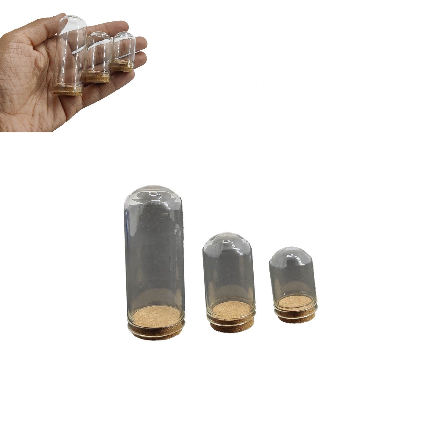 Glass Dome Cloche Cover Containers (1 Set Of 3 Sizes - 3.5x2.2 CM, 4.4x2.5 CM, 7x2.7 CM) Bottles Bell Jars With Cork Lid