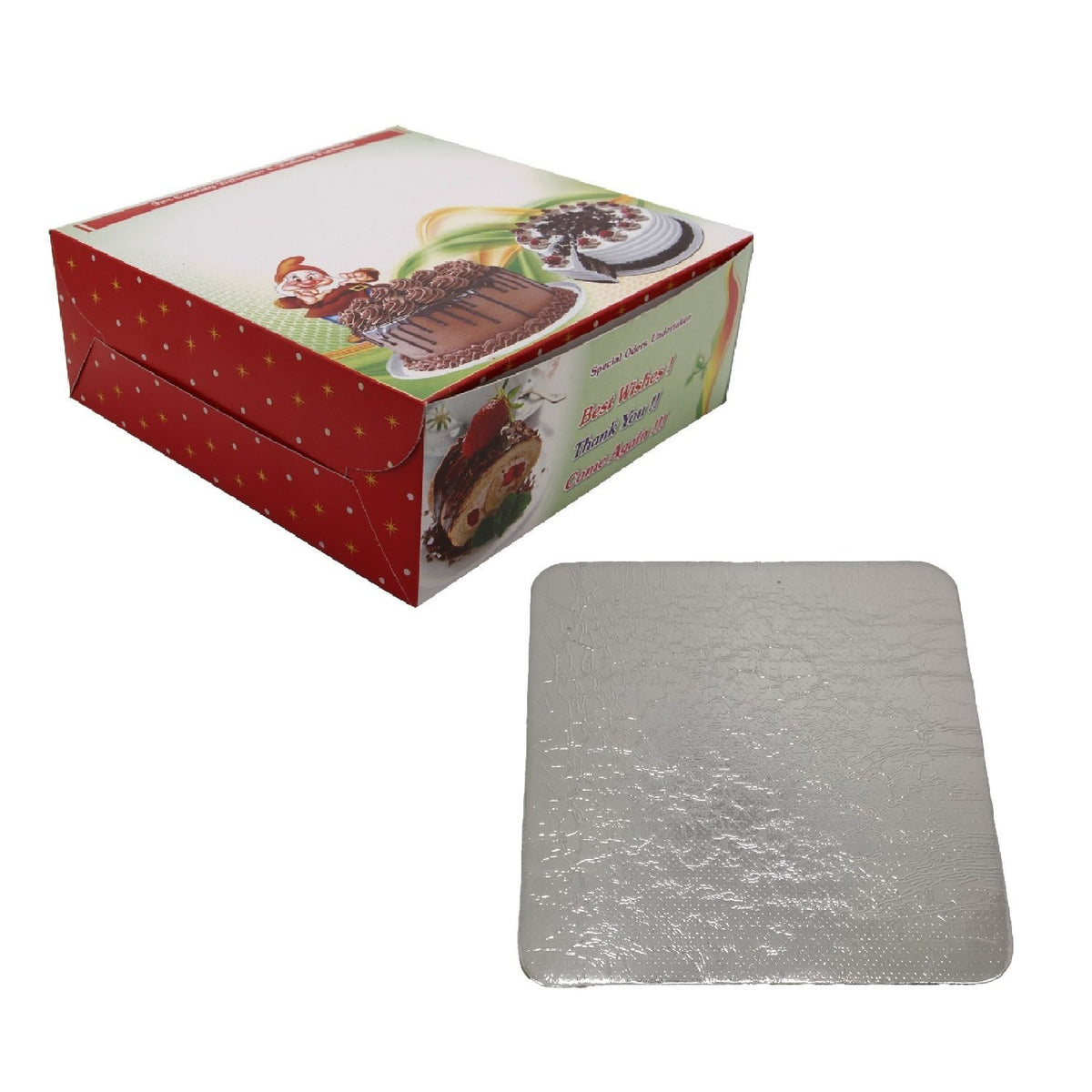 Cake Packing Paper Box For 1 KG (Pack of 5) Random Print Design 9x9x3.5 Inch (23x23x9 CM) With 8.5 Inch Fresh Cream Cardboard Square Stand Base Boards [jefs-pack-boxnsupp-00129-combo6]