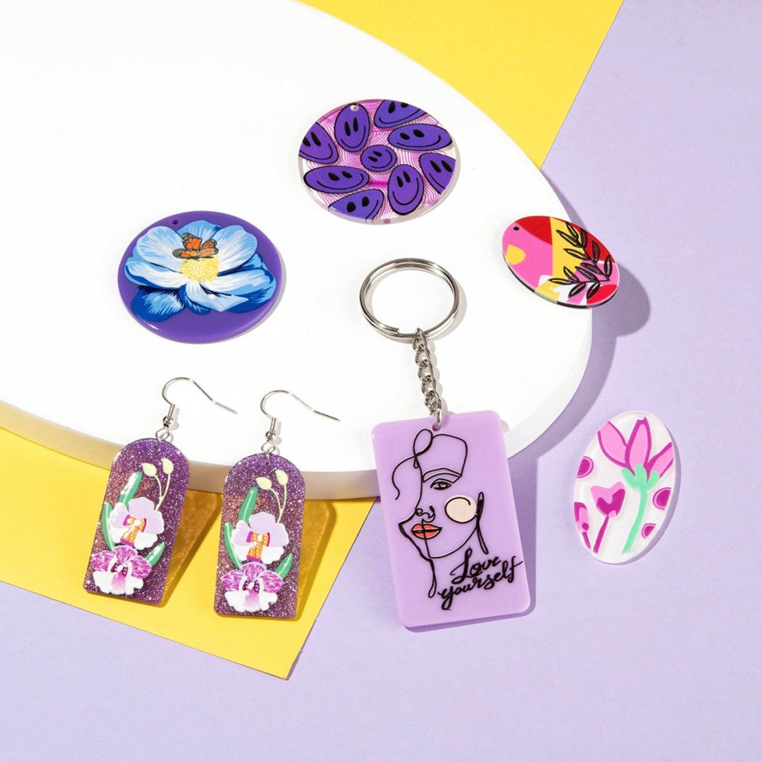 3D Printed Acrylic Pendant (1 Set Of 6 Shapes) Mixed Shapes Size 30 to 50 MM Range Multicolor For Jewellery Making Crafts Decoration [jefs-pndt-gnrl-00001-combo6]