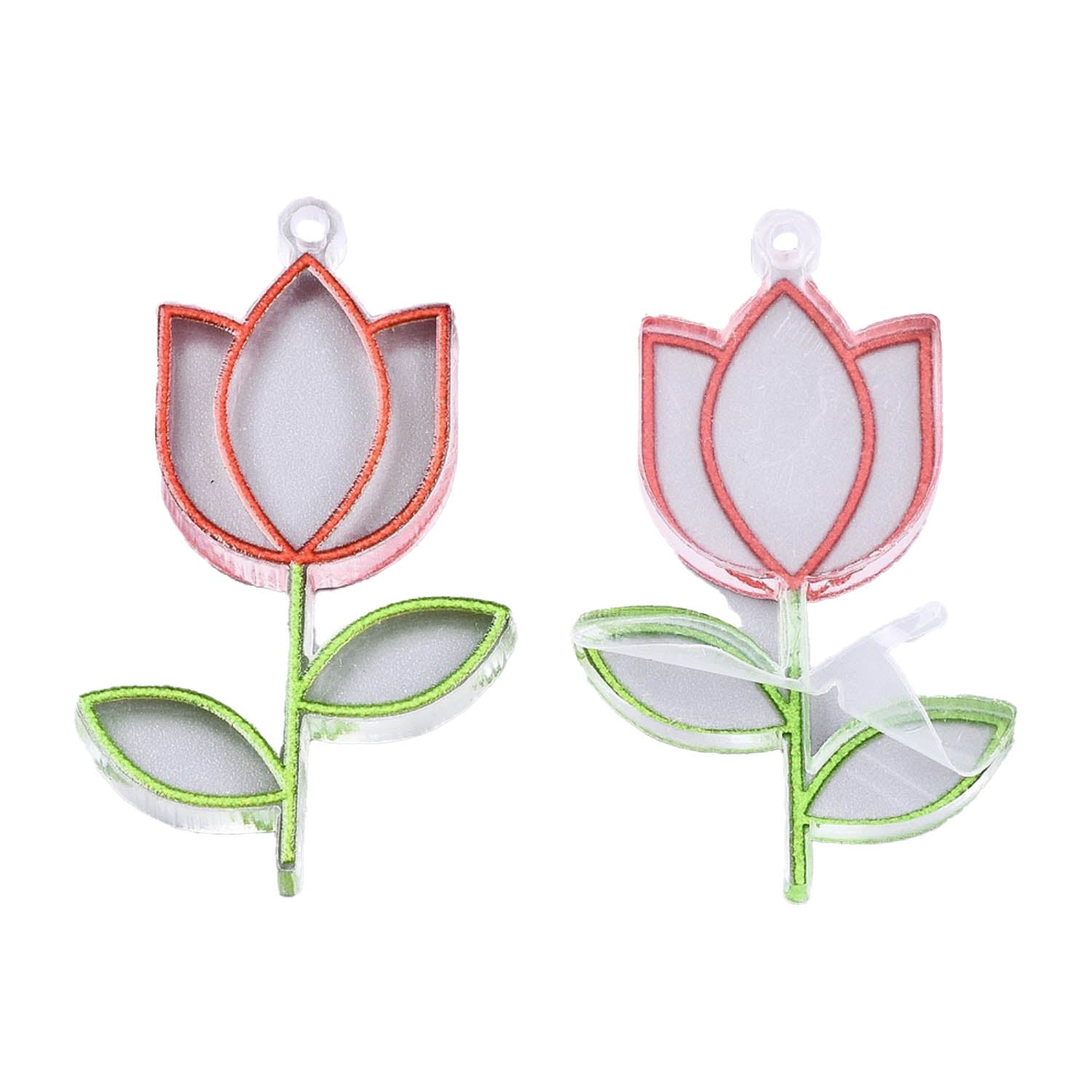 3D Printed Acrylic Pendant (2 Pieces) 45x25x3 MM Flower Orange & Green For Jewellery Making Crafts Decoration [jefs-pndt-gnrl-00001-m13]