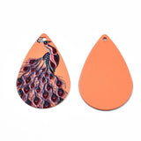 3D Printed Acrylic Pendant With Iron (2 Pieces) 28x18 MM Flat Drop With Peacock Orange & Brown For Jewellery Making Crafts [jefs-pndt-gnrl-00001-m24]
