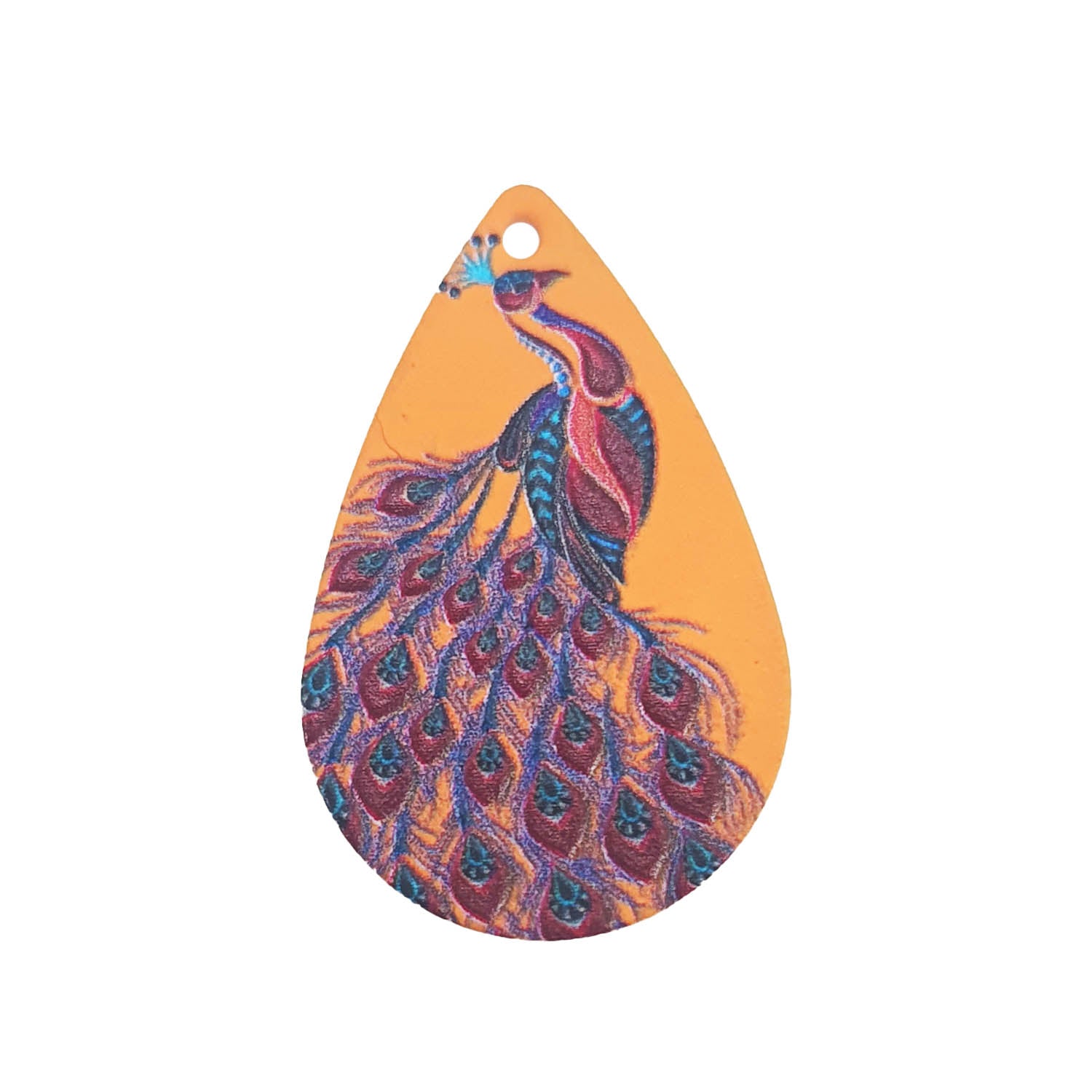 3D Printed Acrylic Pendant With Iron (2 Pieces) 28x18 MM Flat Drop With Peacock Orange & Brown For Jewellery Making Crafts [jefs-pndt-gnrl-00001-m24]