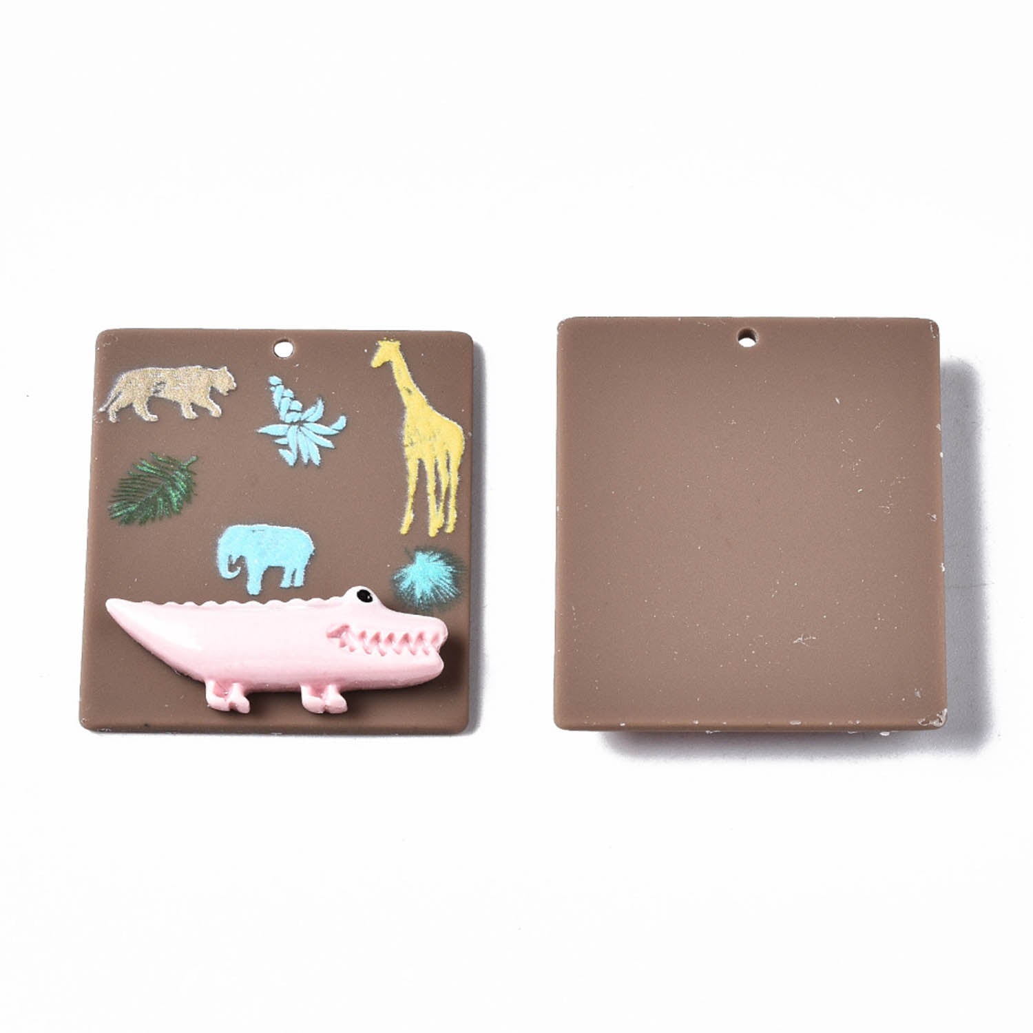 3D Printed Acrylic Pendant With Resin (2 Pieces) 40x35x6 MM Rectangle With Animals Multicolor Brown For Jewellery Making Crafts [jefs-pndt-gnrl-00001-m6]