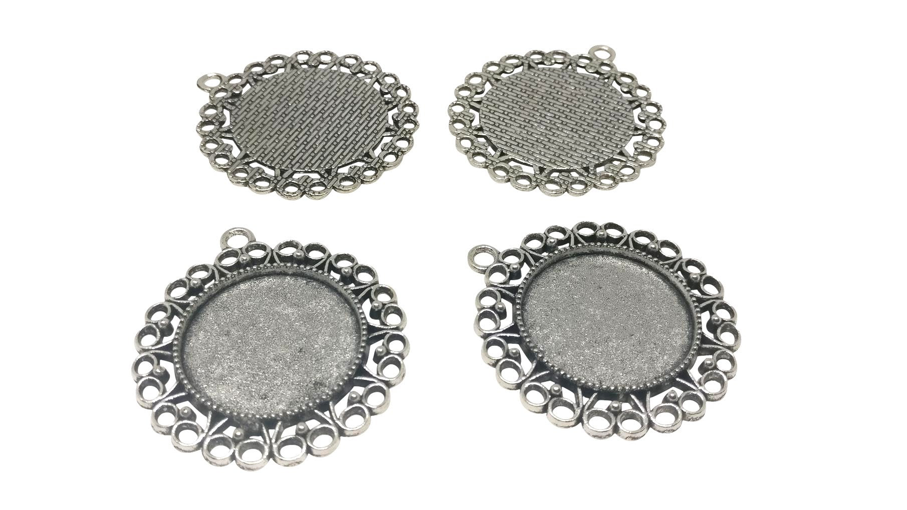 Jewelry Metal Alloy Pendant Base 40x32mm (Holds 25mm Round Embellishments) Round Antique Silver Color (Pack of 2 pieces) [jefs-pndt-gnrl-00129-m19]