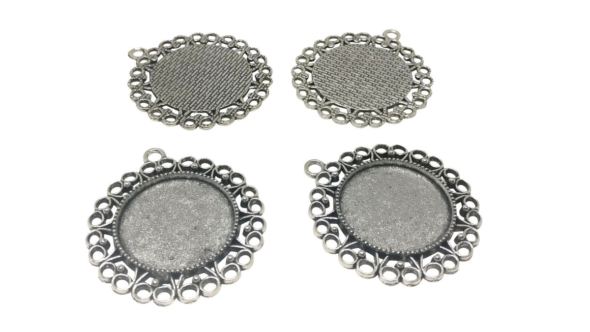 Jewelry Metal Alloy Pendant Base 40x32mm (Holds 25mm Round Embellishments) Round Antique Silver Color (Pack of 2 pieces) [jefs-pndt-gnrl-00129-m19]