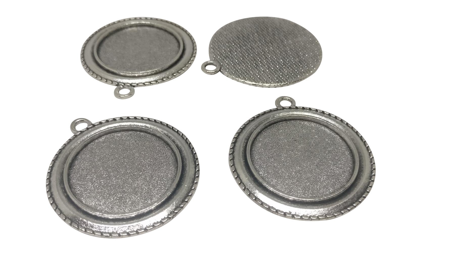 Jewelry Metal Alloy Pendant Base 40mm (Holds 25mm Round Embellishments) Round Antique Silver Color (Pack of 2 pieces) [jefs-pndt-gnrl-00129-m20]