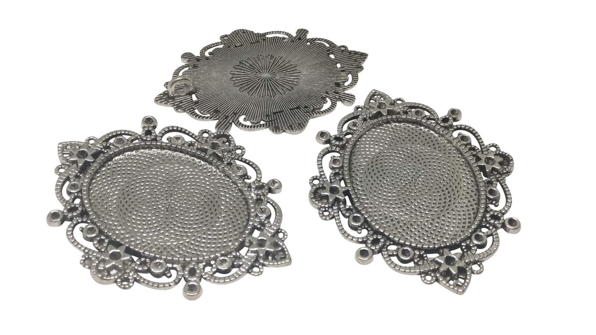 Jewelry Metal Alloy Pendant Base 60x50mm (Holds 40x30mm Oval Embellishments) Oval Antique Silver Color (Pack of 2 pieces) [jefs-pndt-gnrl-00129-m27]