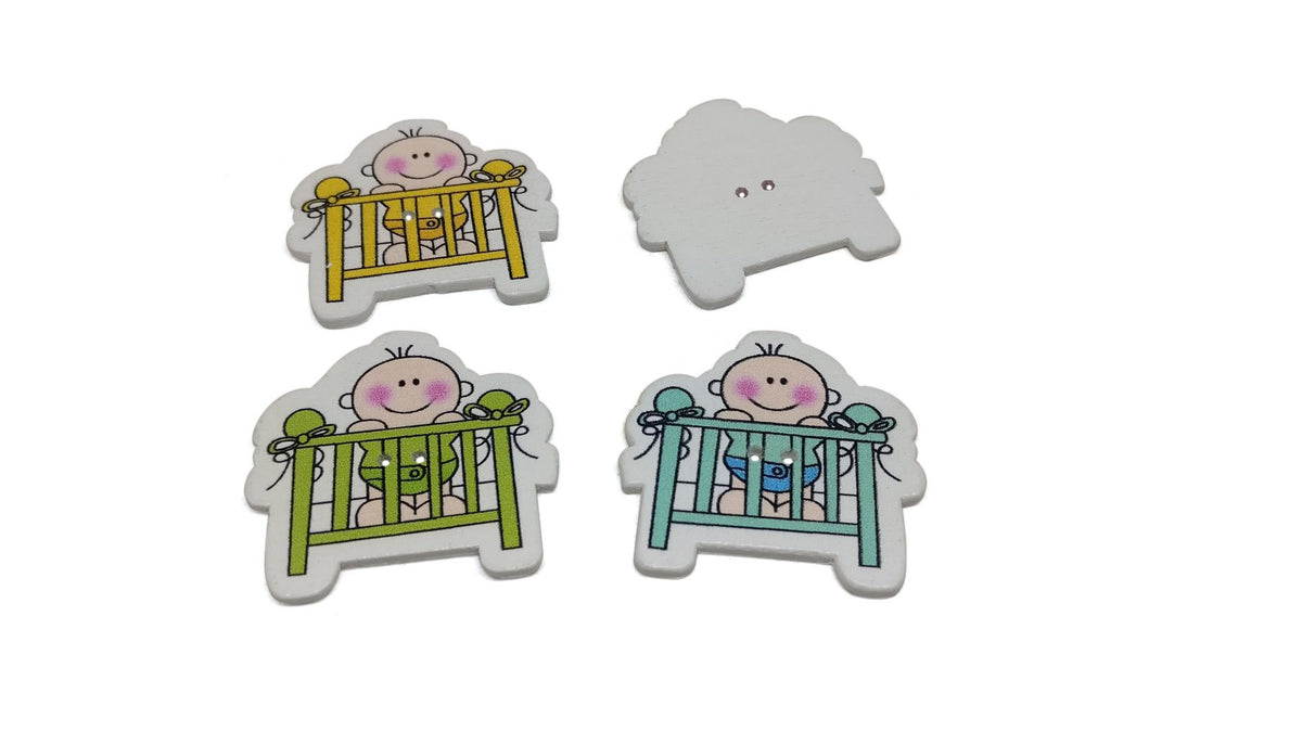 Wooden Buttons For Craft Scrapbook & Sewing 31x31x2xmm Baby Cradle Multi-Color (Pack of 10 pieces) [tmp-jefs-bttns-00070]